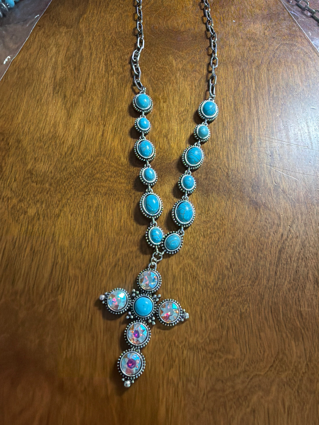 Turquoise and Rhinestone Cross Pendant Y Necklace