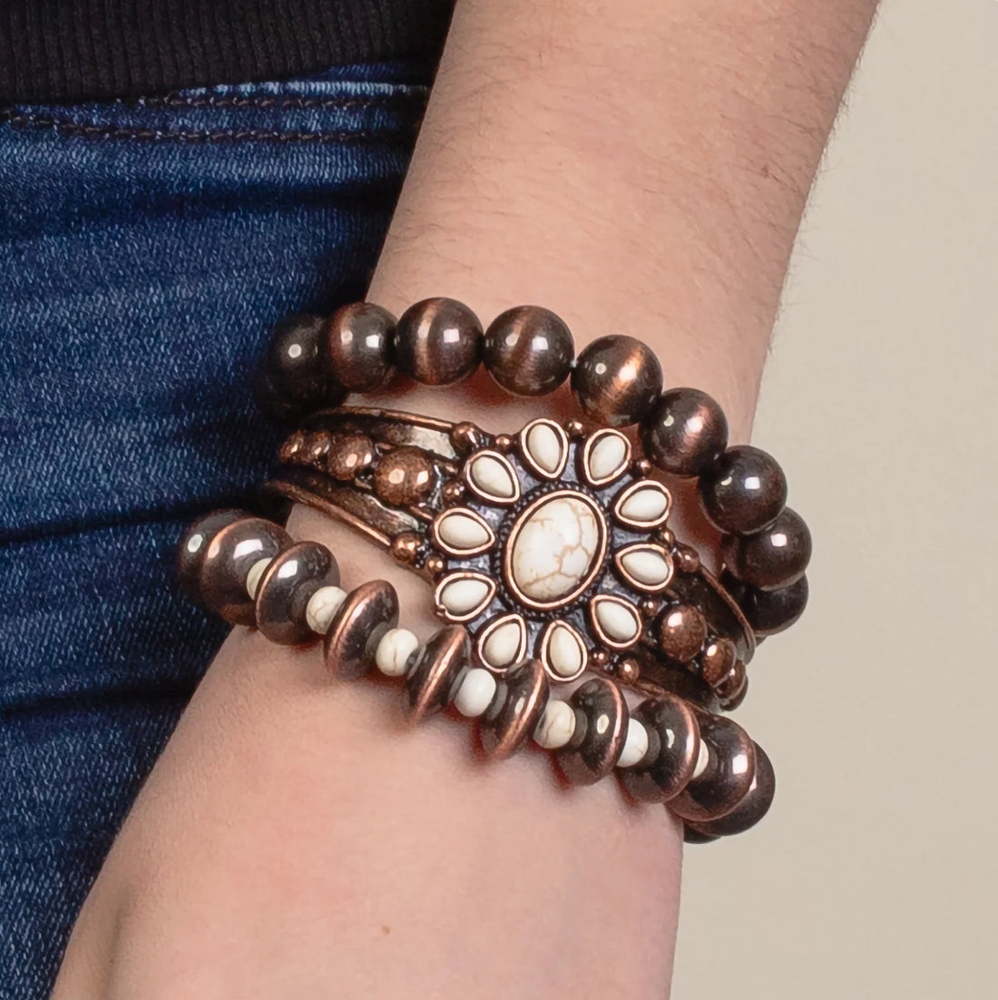 Copper and Ivory Squash Blossom Stacked Bracelets
