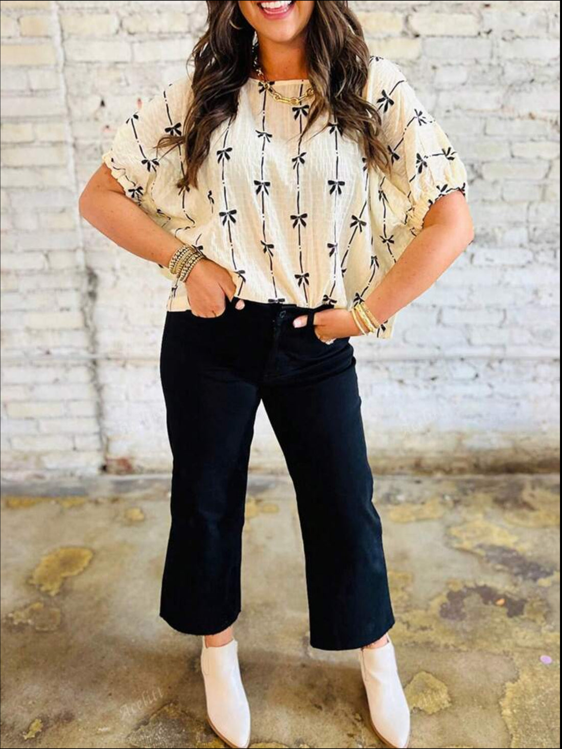 Acelitt Apricot Bow Printed Bubble Sleeve Top