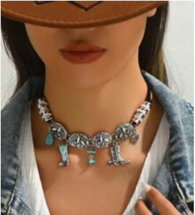 Vintage Western Cowboy Style Turquoise Cactus Patchwork Necklace