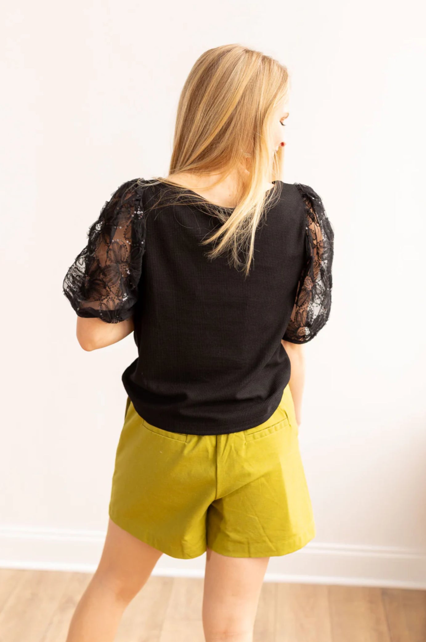 Midnight Blossom Black Sequins Floral Puff Sleeve