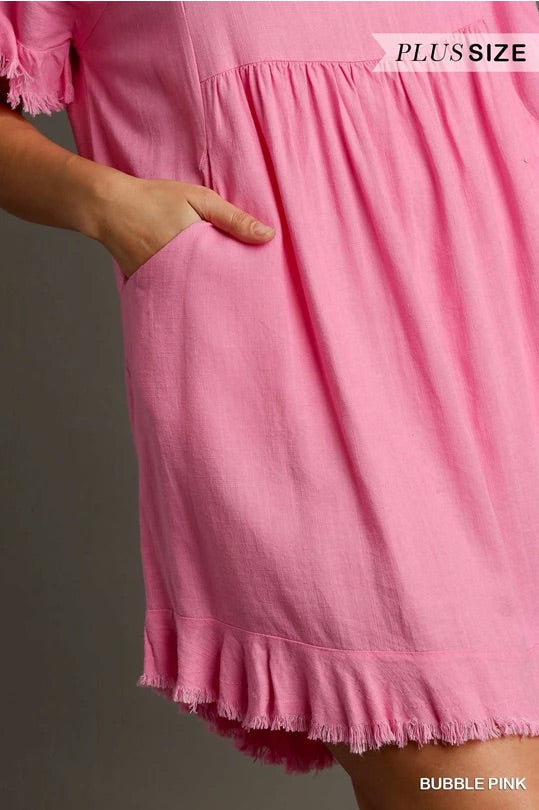 Linen Blend Round Neck Pocket Dress with Frayed Hems