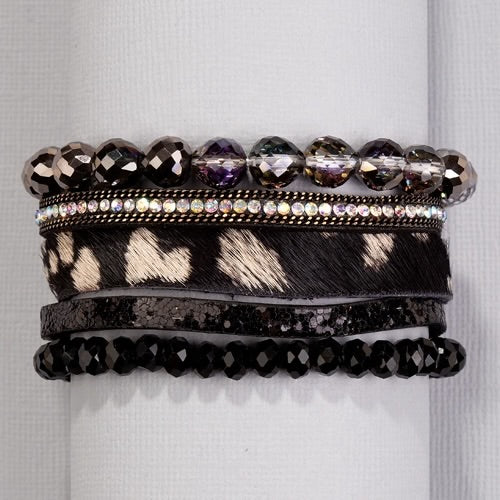 Magnetic Close Bead and Leather Stacked Bracelet