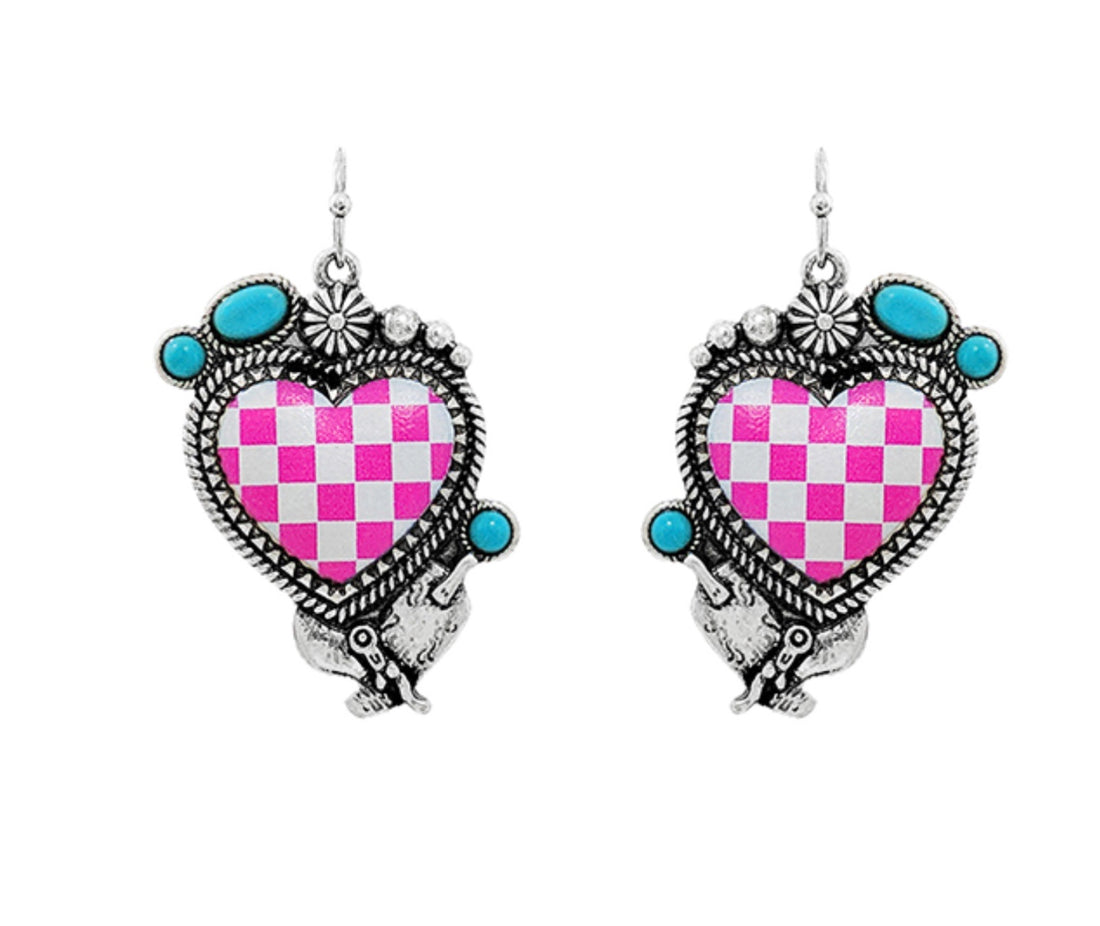 Pink Checkered Heart Dangle Earrings