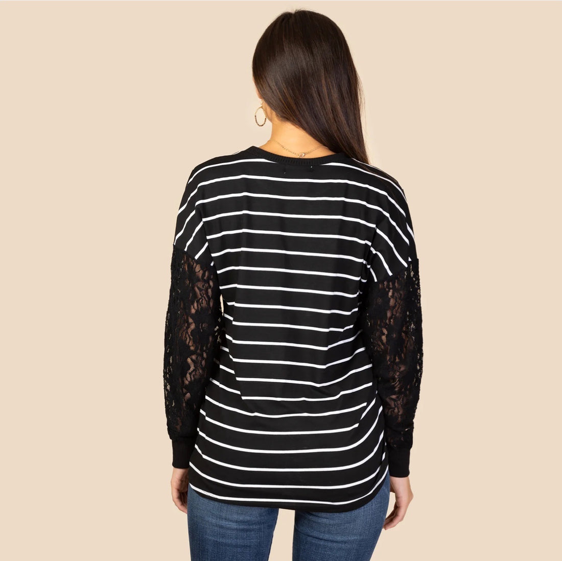Black with White Stripe Top with Lace Long Sleeves