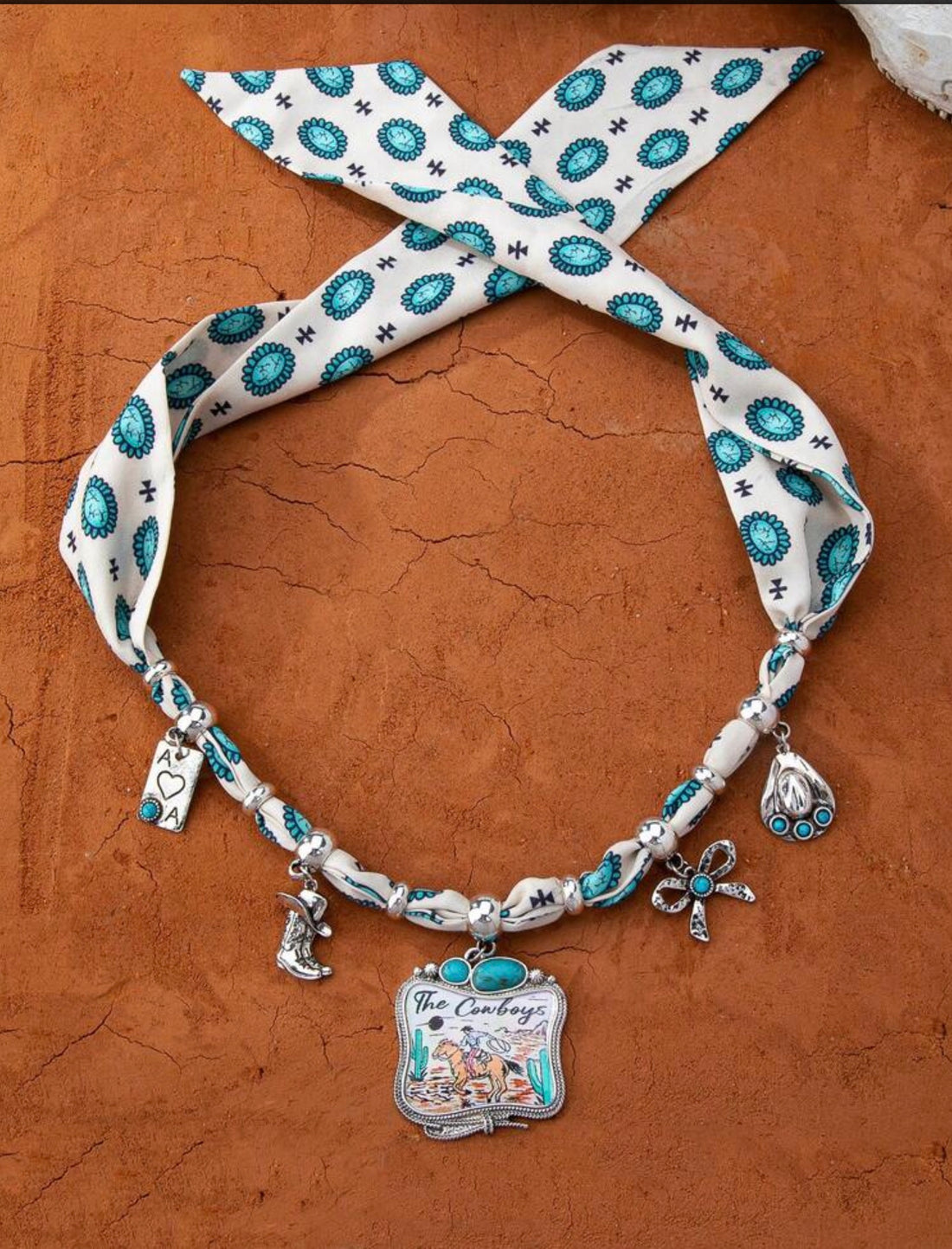 Cowboy Ride Pendant Scarf Necklace with Dangling Charms