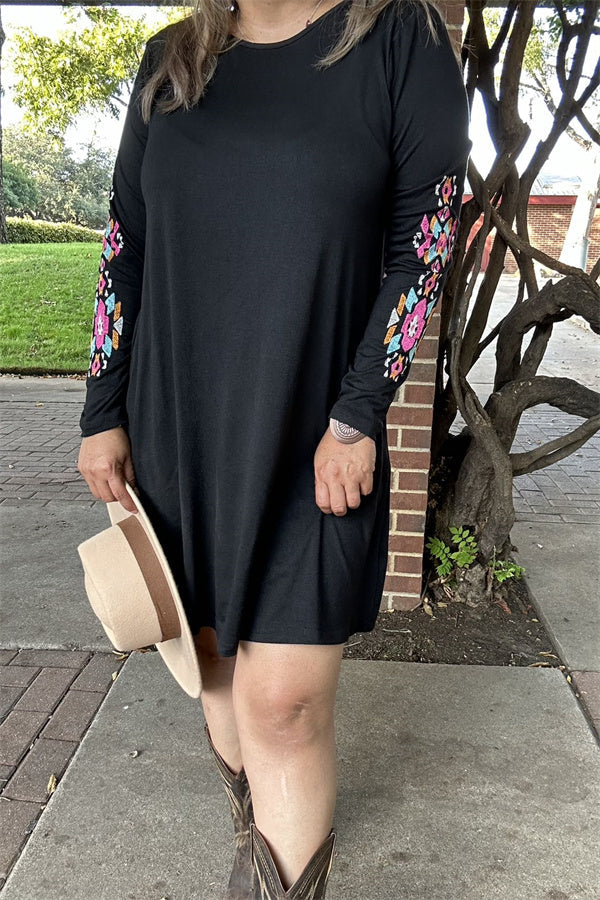 Black Dress with Aztec Floral Embroidery Long Sleeve