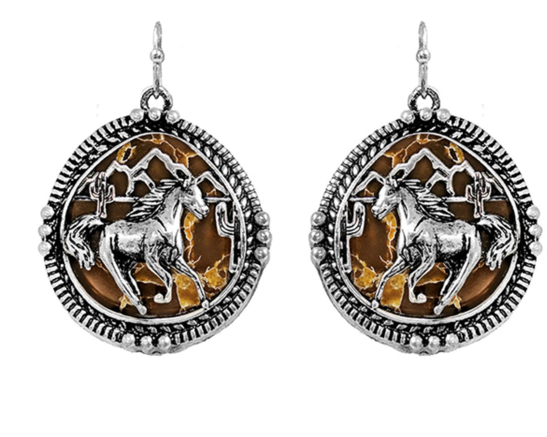 Burnished Silver Desert Horse Dangle Earrings