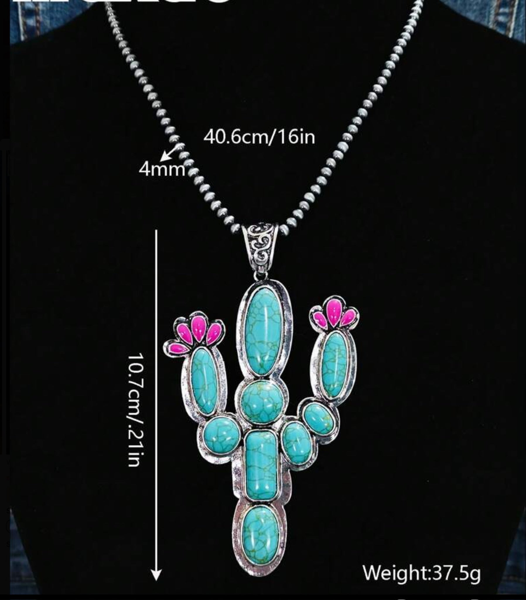 Western Style Turquoise Cactus Pendant on Beaded Necklace