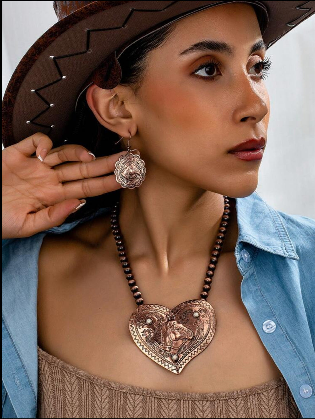 Heart Shaped Bronze Horse Pendant with Matching Dangle Earrings