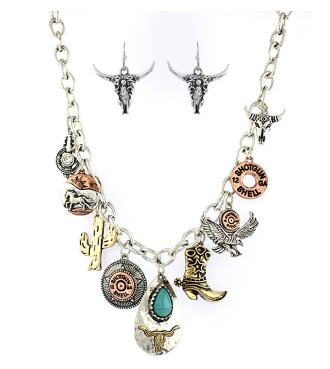 Western Cowboy Charm Necklace and Earrings Set