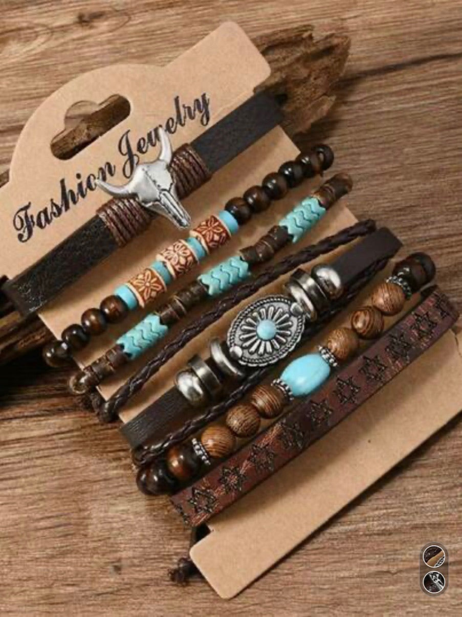 6pc Retro Western Style Leather Bracelet