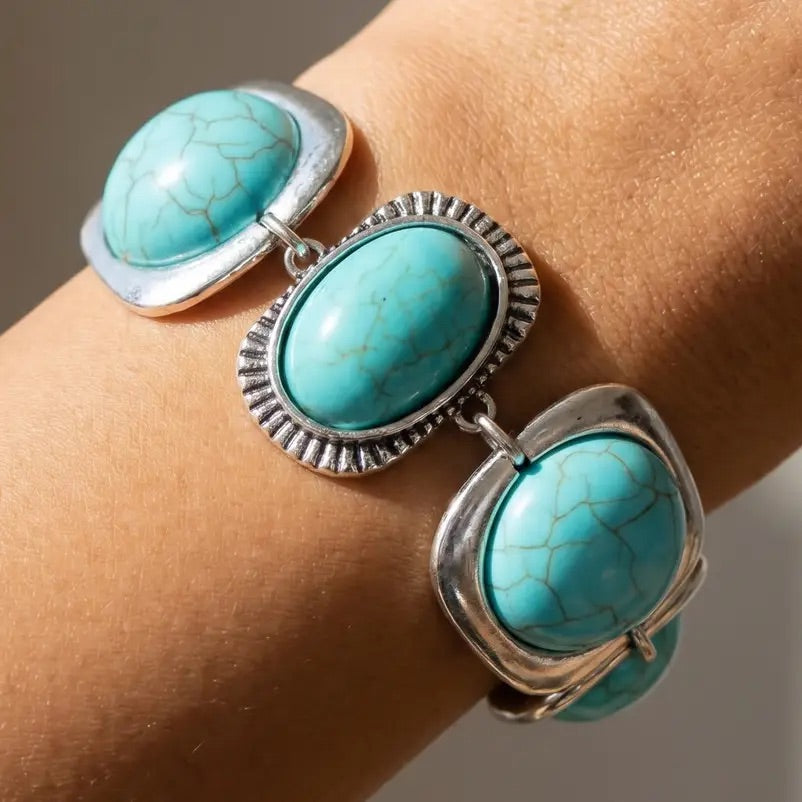 Turquoise Stone Mixed Frame Link Bracelet