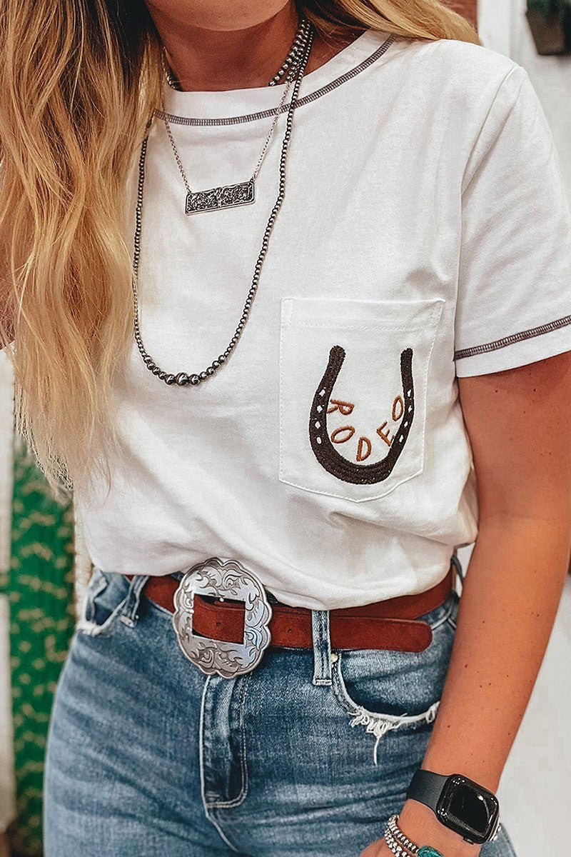 White Rodeo Horseshoe Pocket Patch Tee