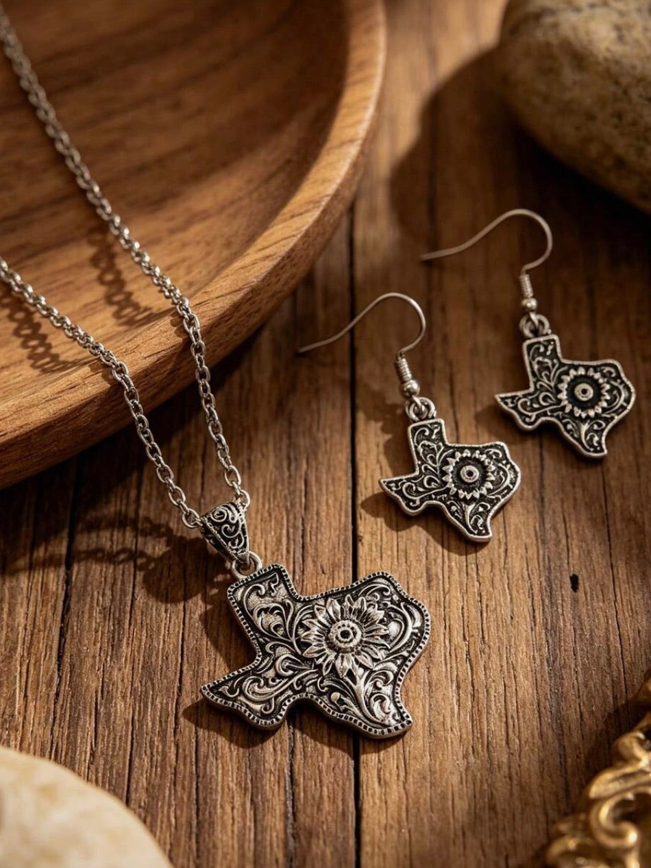 Sunflower Texas Tooled Necklace and Earring Set