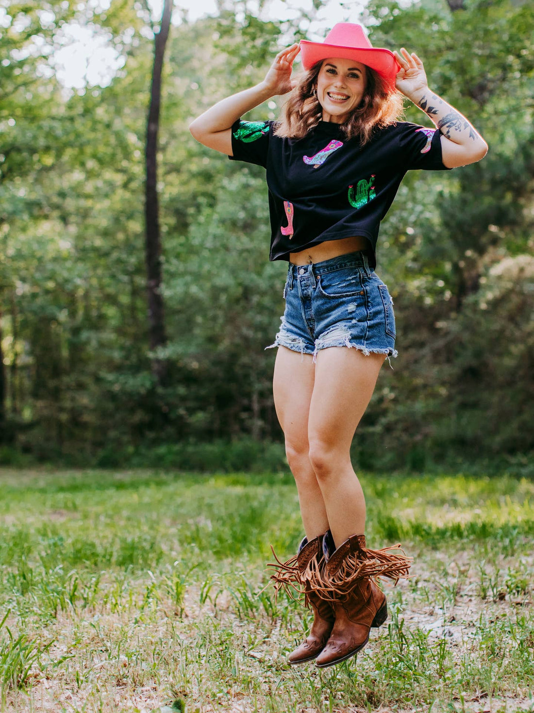Cactus Boots Sequin Embroidery Crop Tee