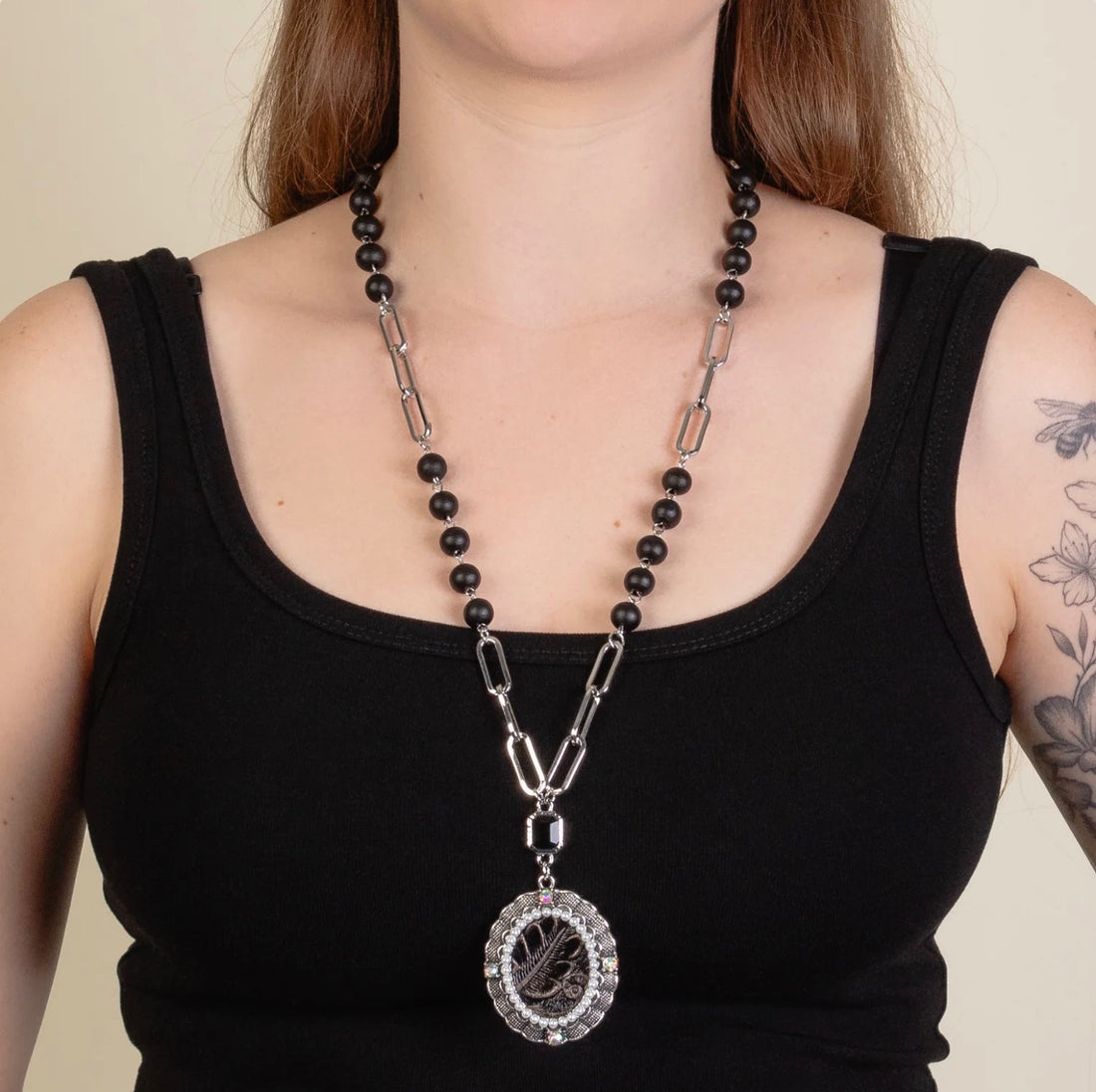 Leather and Pearl Pendant Necklace on Bead and Link Chain