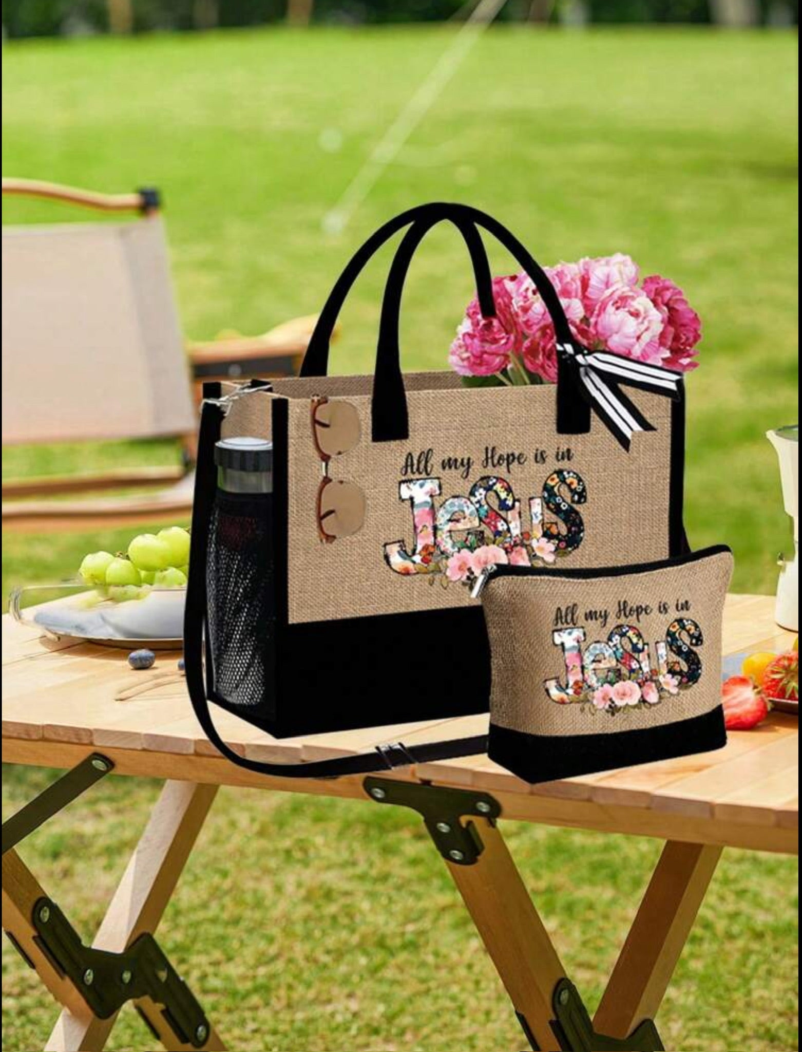 Versatile Graphic Canvas Tote Bags with Matching Smaller Pouch