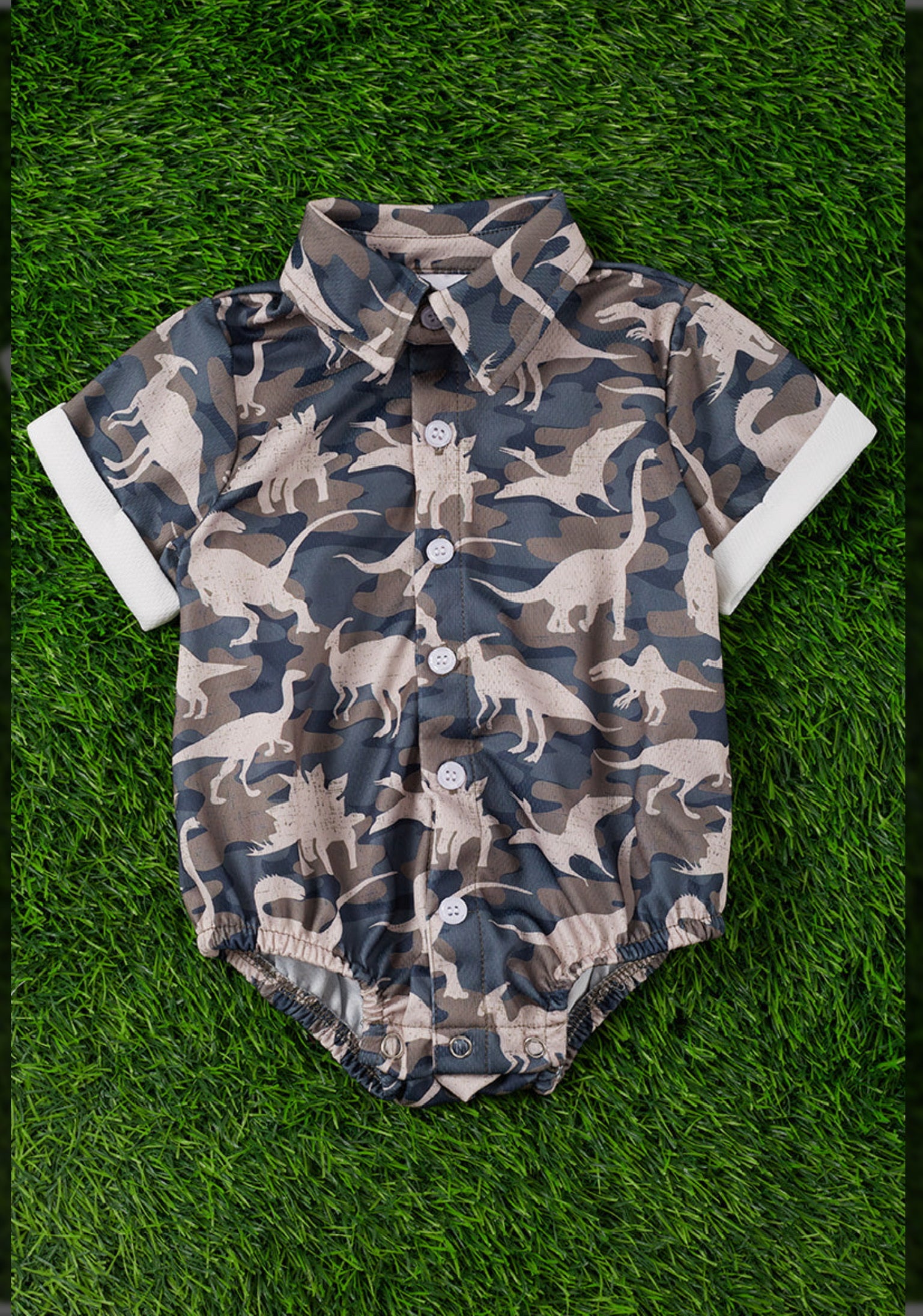 Camouflage Dinosaur Printed Onesie with Snaps