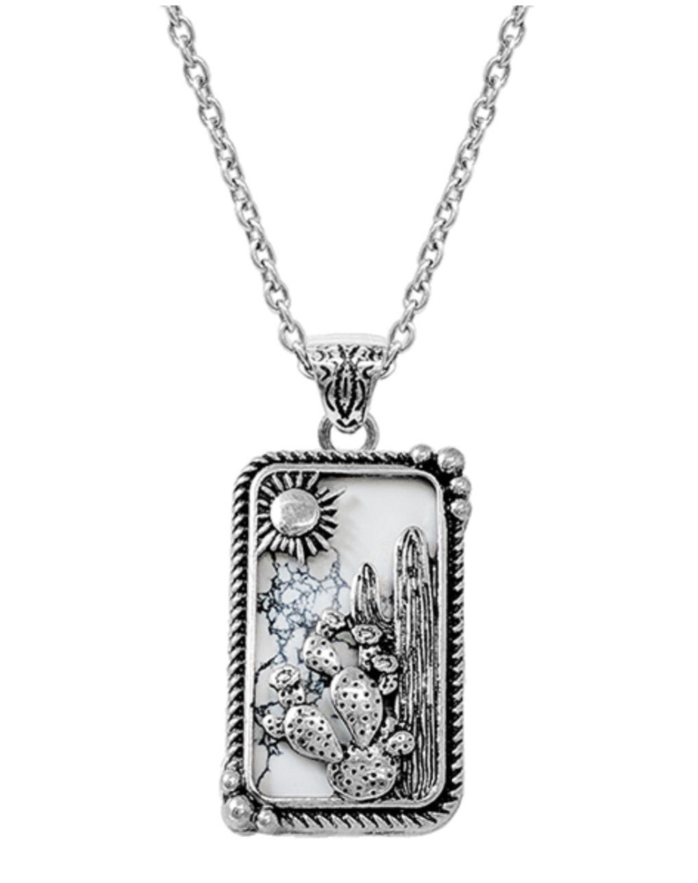 White Turquoise Desert Scene Pendant on Long Chain