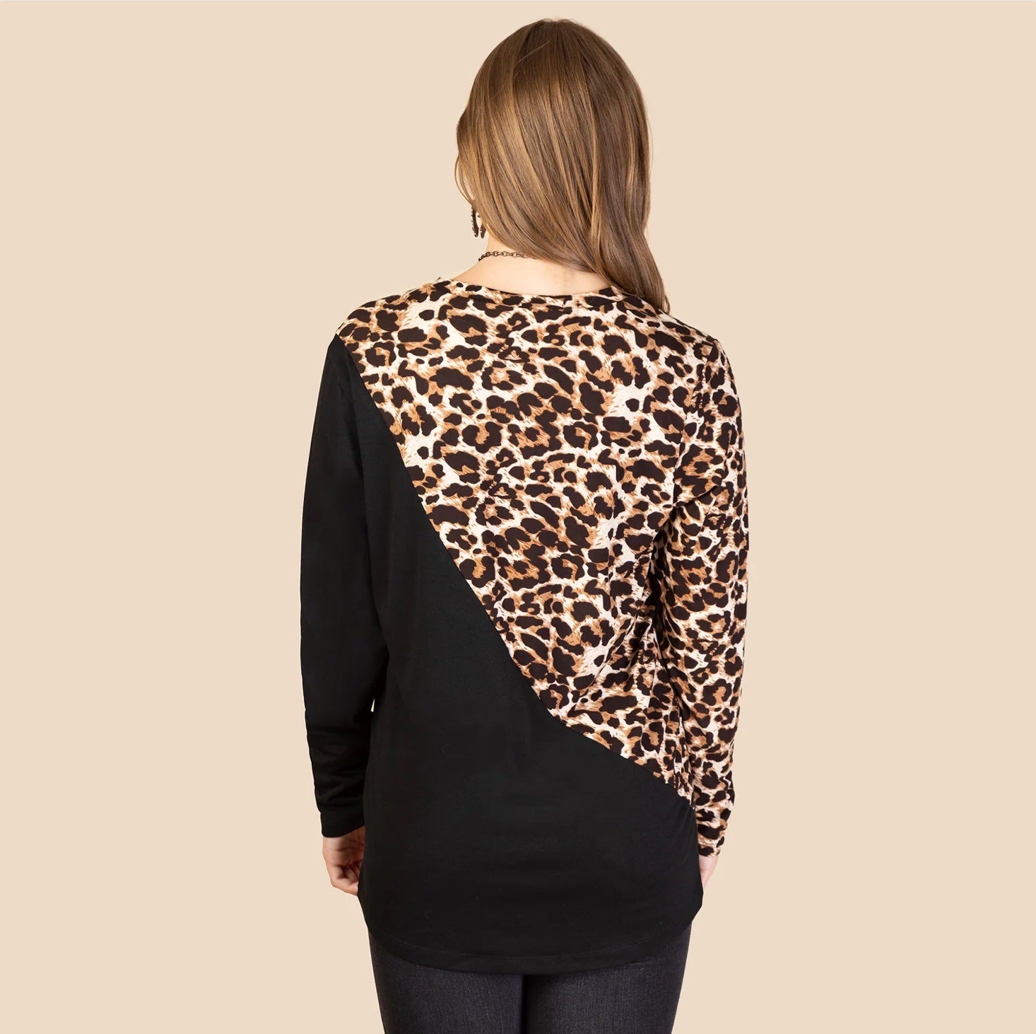 Long Sleeve Color Block Leopard Print Top