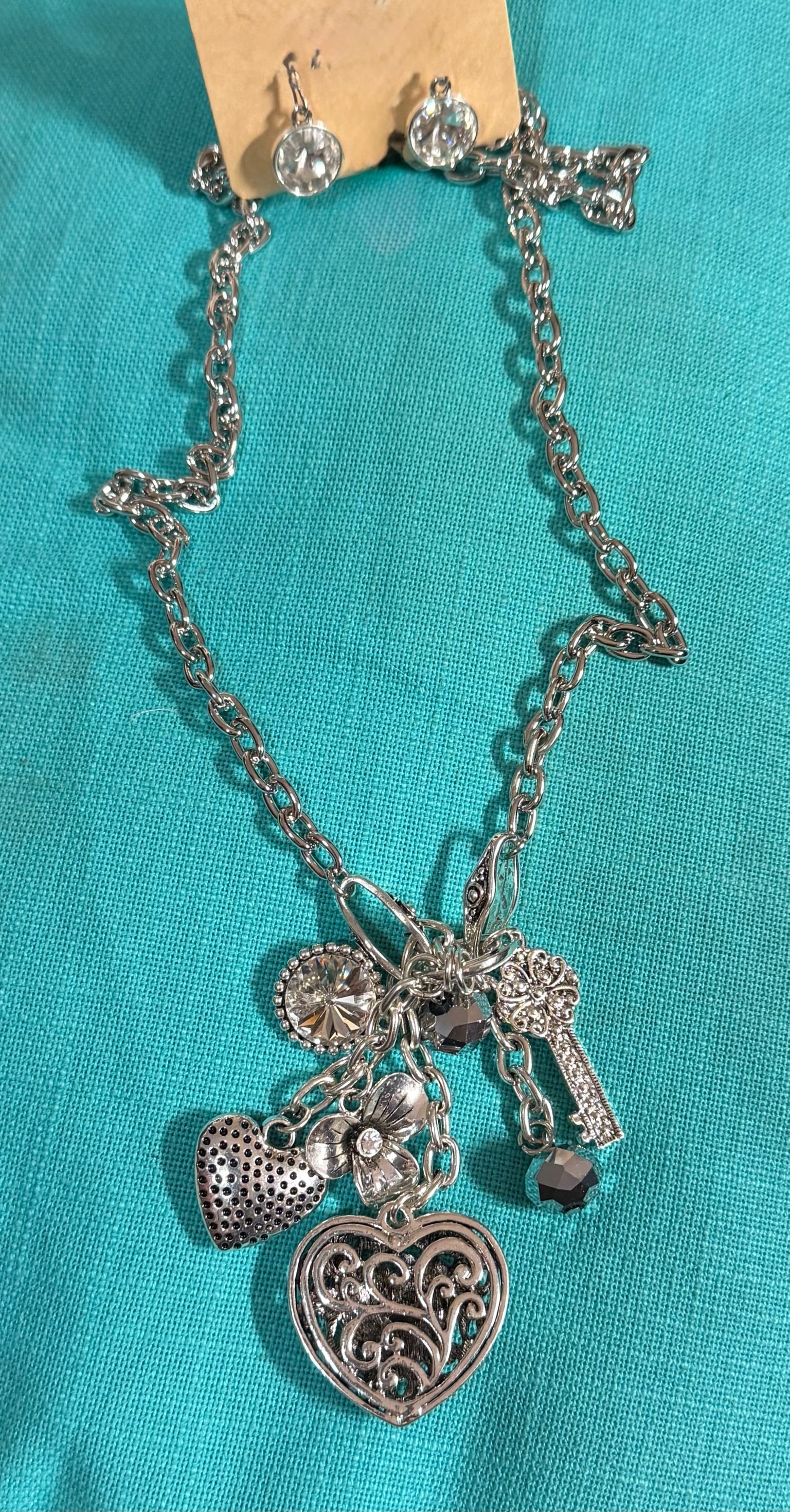 Lg. Cluster Heart Charm Necklace with Matching Earrings