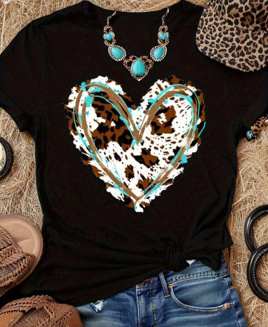 Turquoise and Leopard Heart Graphic Shirt