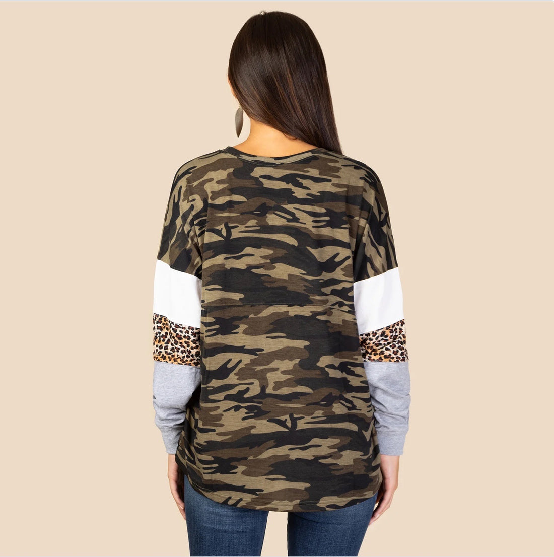 Leopard Print Camouflage Color-block Jersey Long Sleeve Top