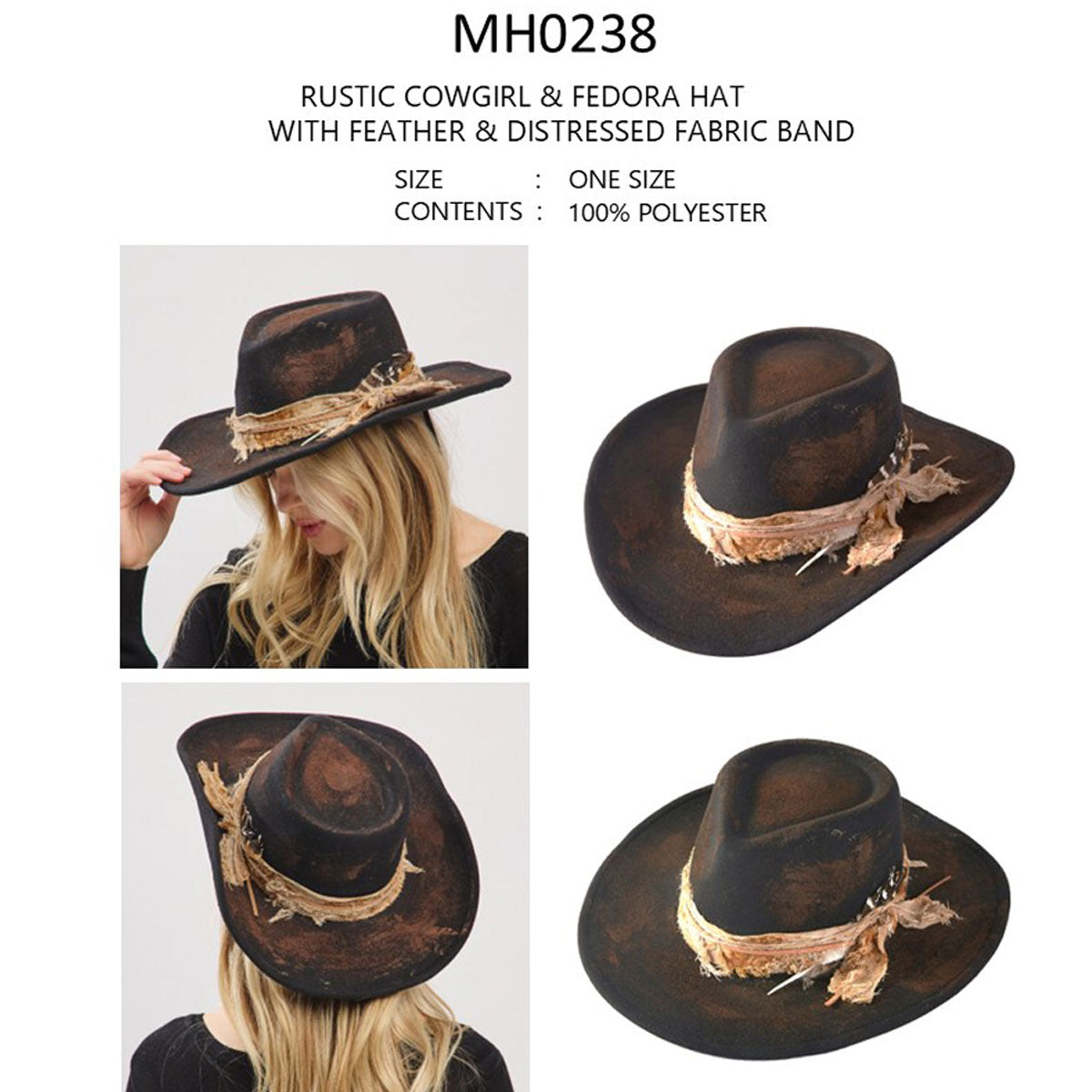 Rustic Cowgirl Fedora Hat with Feather & Distressed Fabric Band