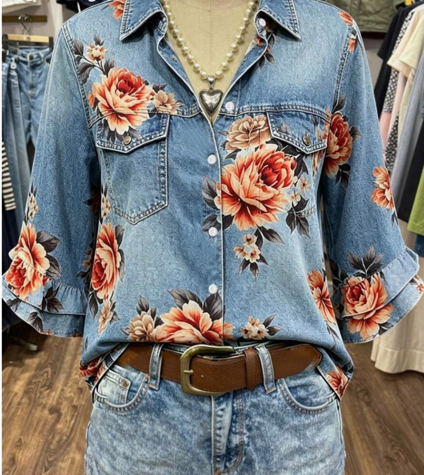 Floral Pattern Ruffle Sleeve Button Up Top