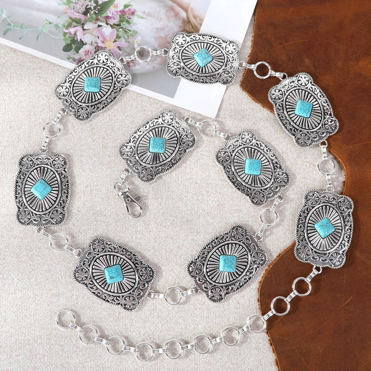 Rustic Etched Square Stone Centered Concho Link Chain Belt