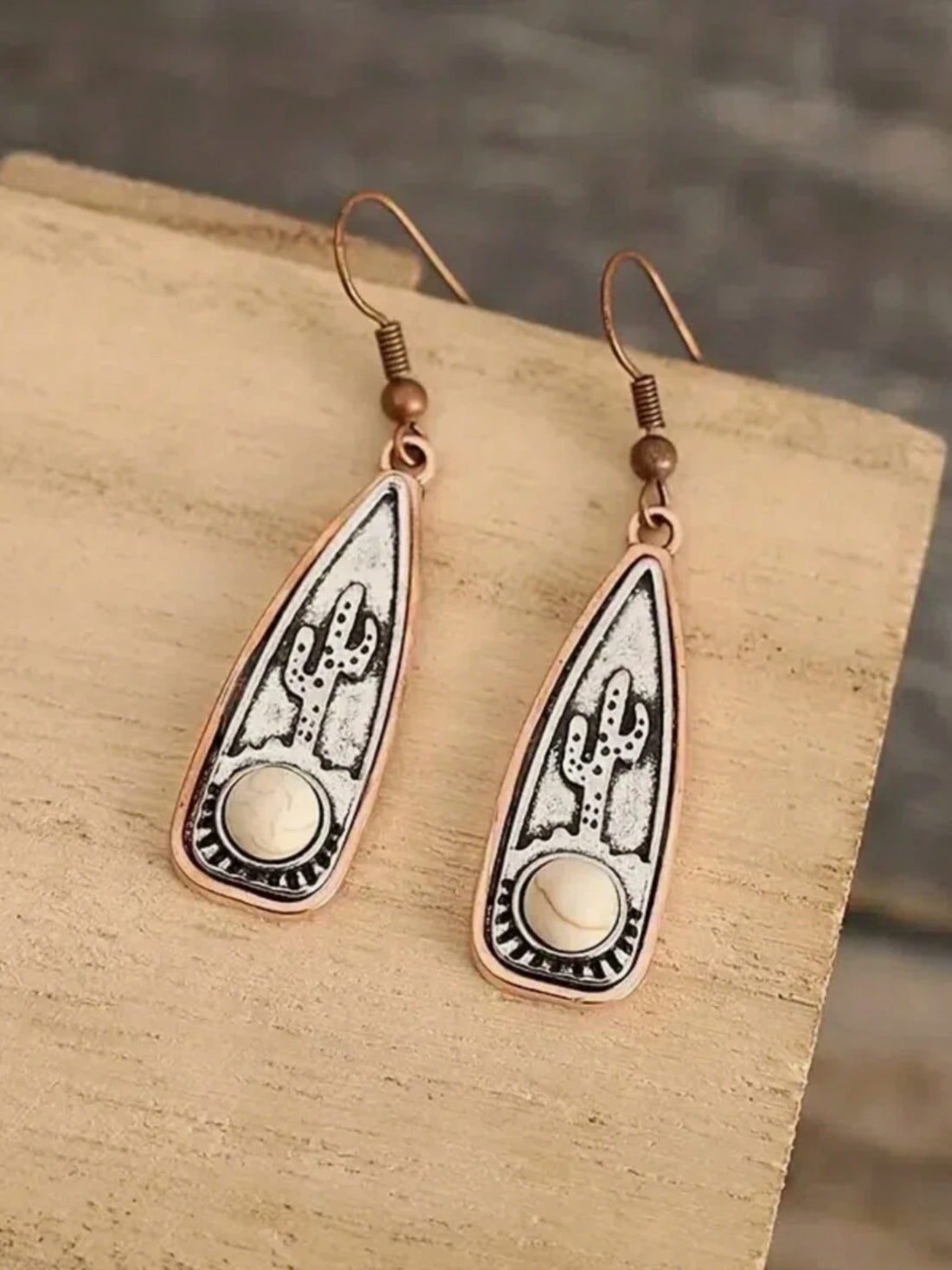 Copper and Burnished Silver Cactus Scene Dangle Earrings with White Turquoise