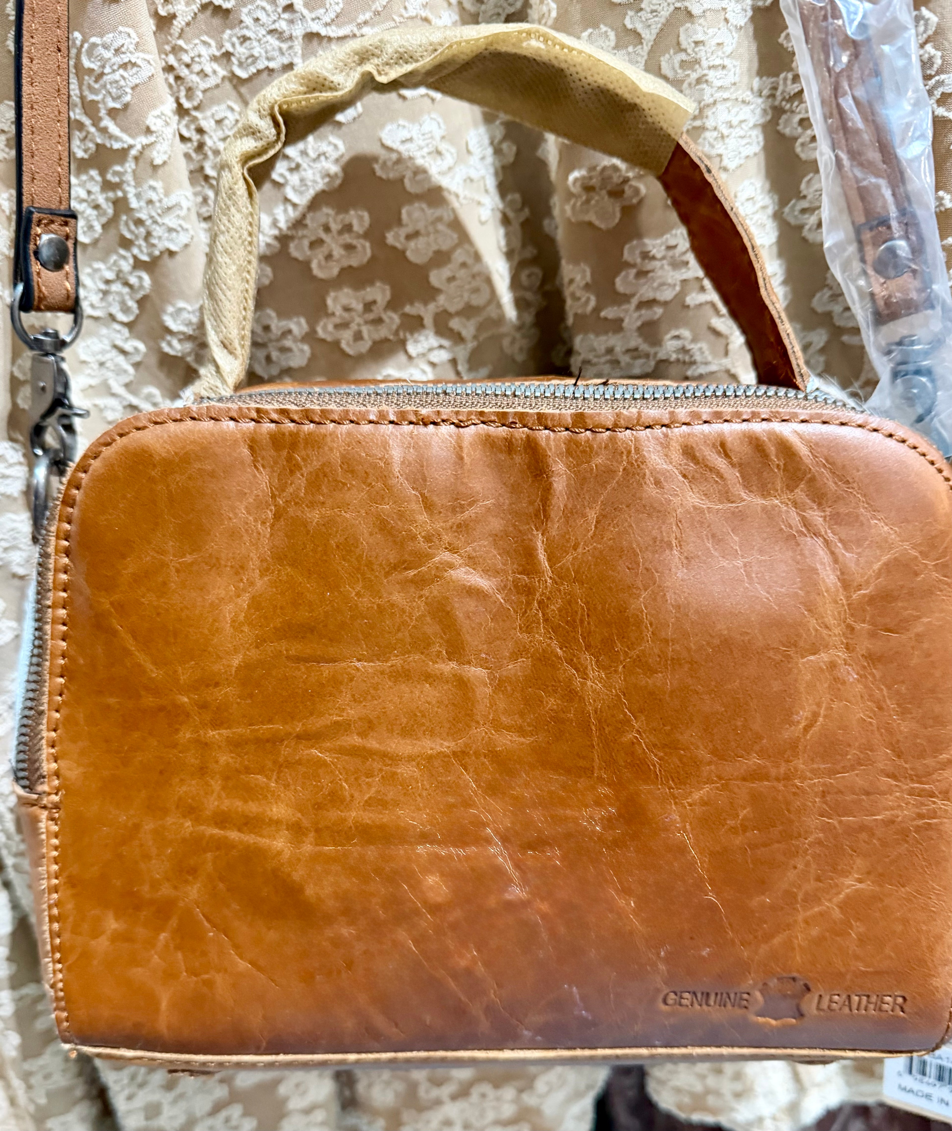 Genuine Leather and Cowhide Double Zipper with Crossbody Strap and Handle