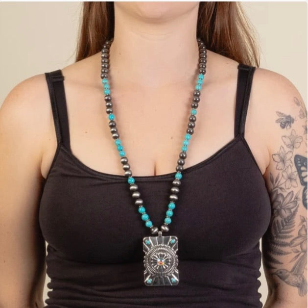 Metal Squash Blossom Necklace on Turquoise Navajo Beads