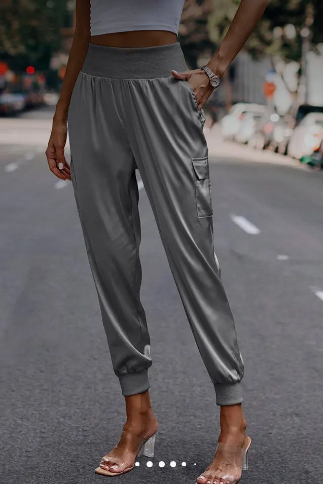 High Waist Long Pant Trousers with Pocket Satin Jogger Pants
