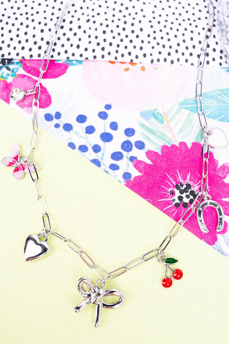 CHERRY ON TOP SILVERTONE CHARM NECKLACE
