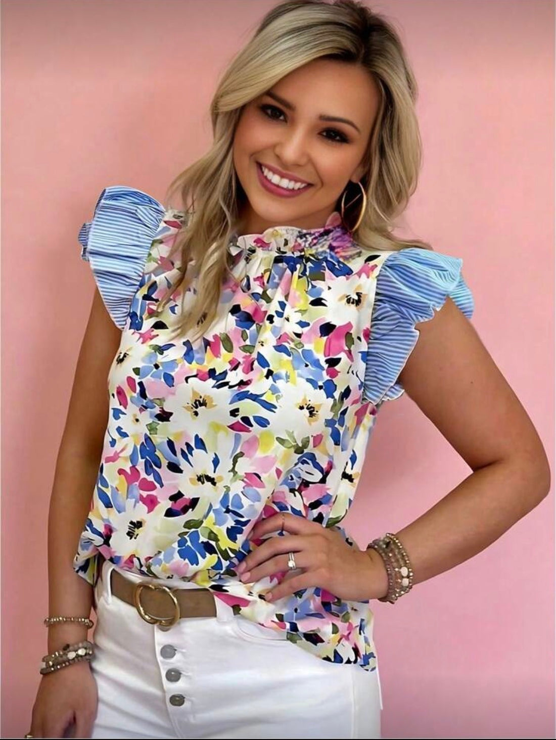 Floral Print Striped Ruffle Sleeve Top