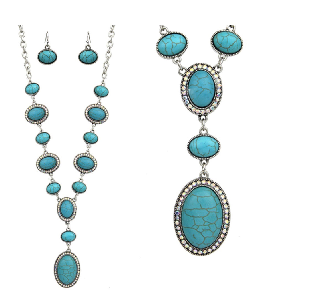 Rhinestone Wrapped Turquoise Y Necklace with Matching Earrings