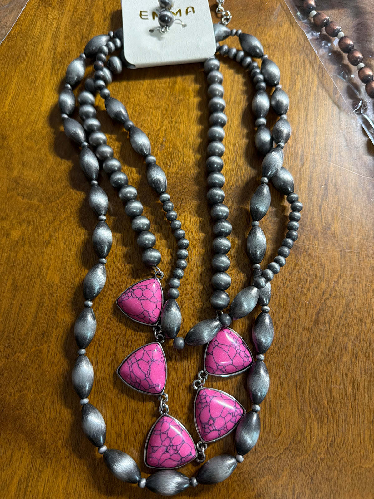 Layered Pink Hematite Triangle Shaped Necklace with Matching Earrings