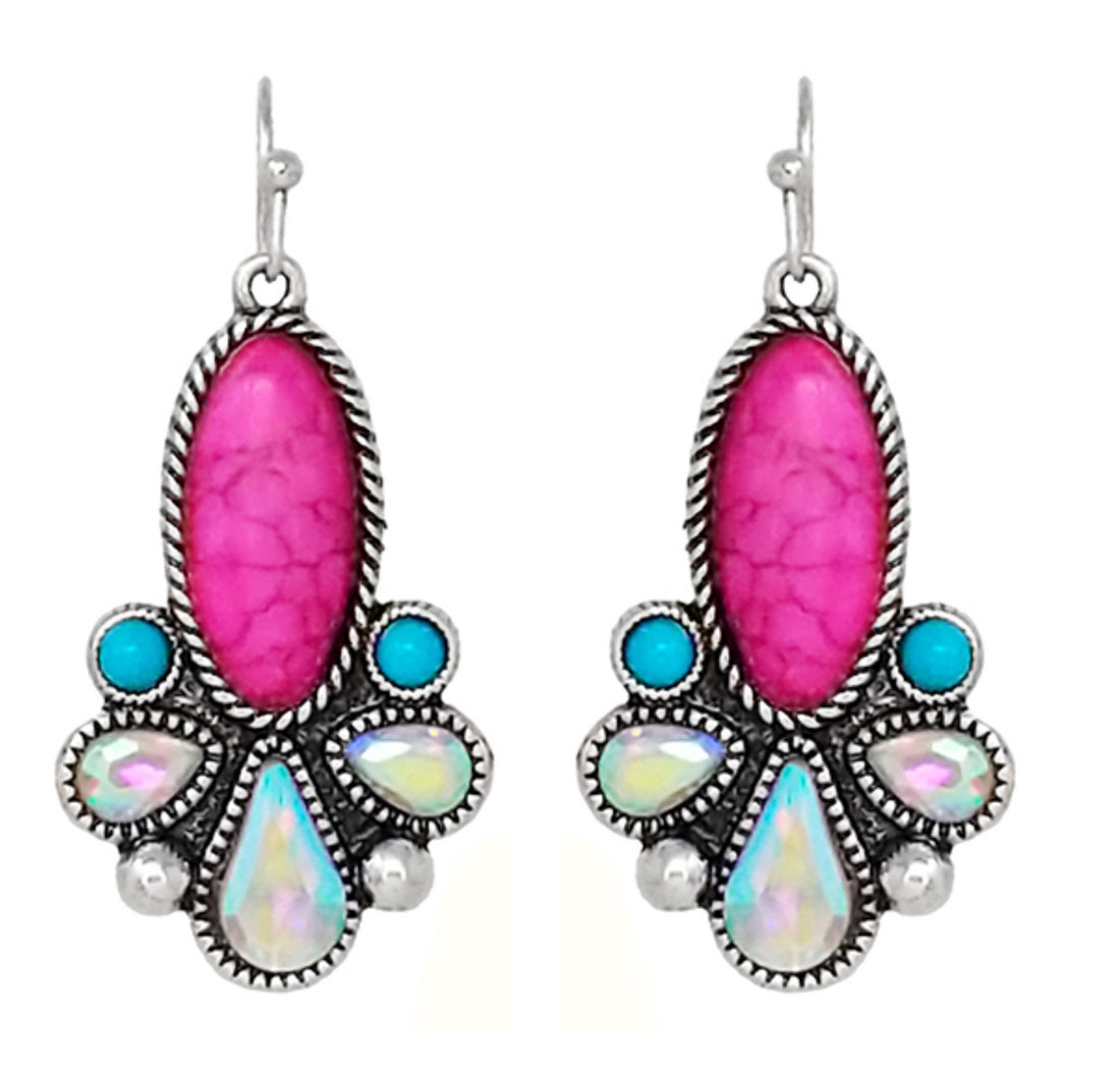 Pink and Turquoise Oval Burst Dangle Earrings