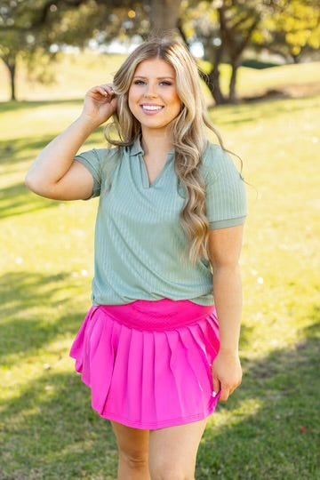Rib Knit Polo Top, V-Neck