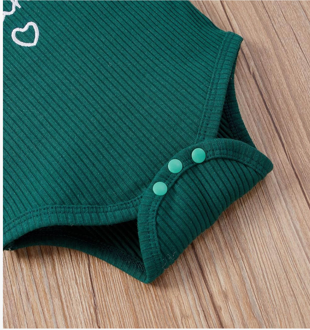 Baby’s Green Ruffle Trim Sleeve Onesie “I Got It From My Mama” with Ruffled Floral Print Bottoms & matching Headband