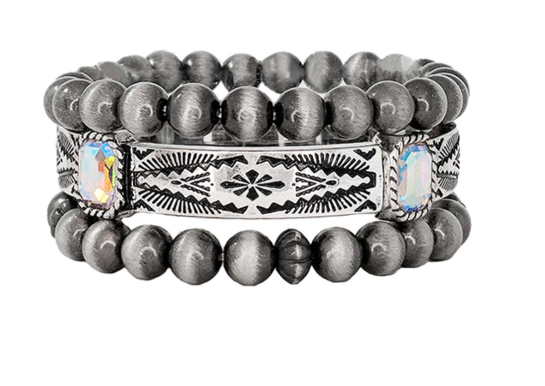 Tribal and Iridescent Stone Stretch Bracelet with Navajo Beads
