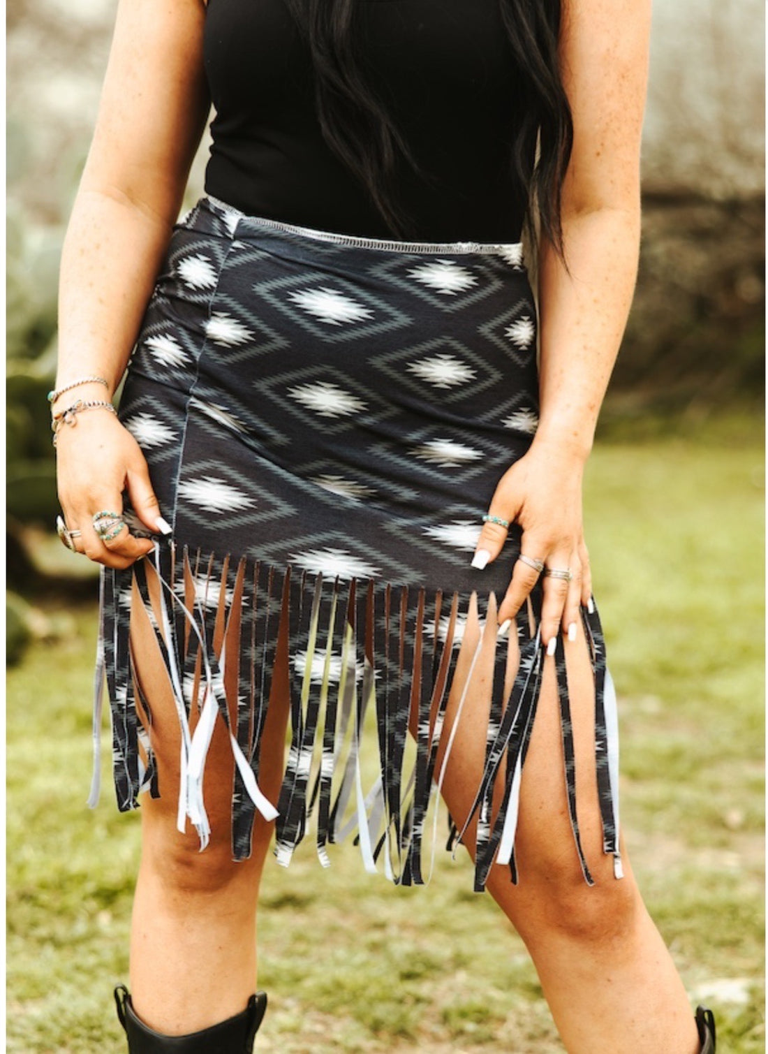 Black Aztec Printed Fringe Hem Skirt