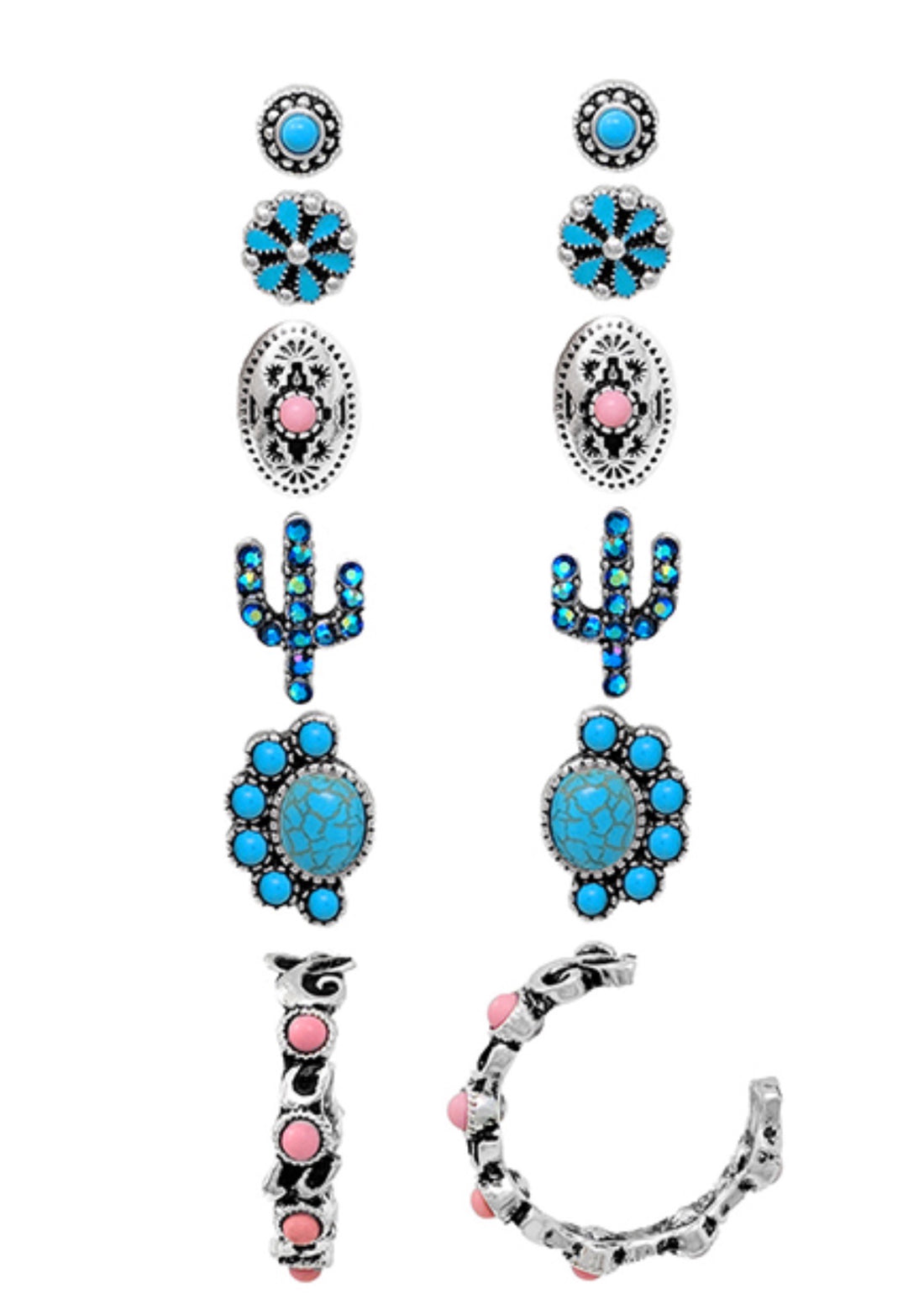 6 Pc. Turquoise and Rhinestone Stud Earring Set