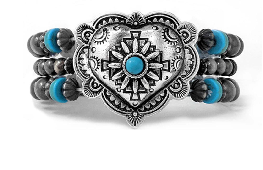 Burnished Silver Turquoise Heart Stretch Bracelet