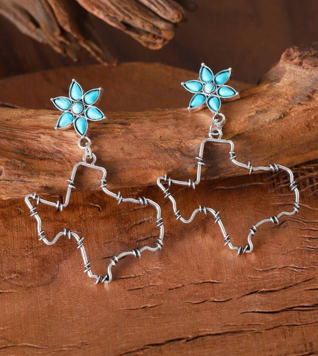Western Style Texas with Turquoise Flower Dangle Earrings