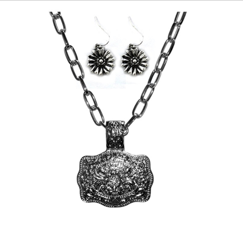 Flower Buckle Pendant on Link Chain and Flower Dangle Earrings