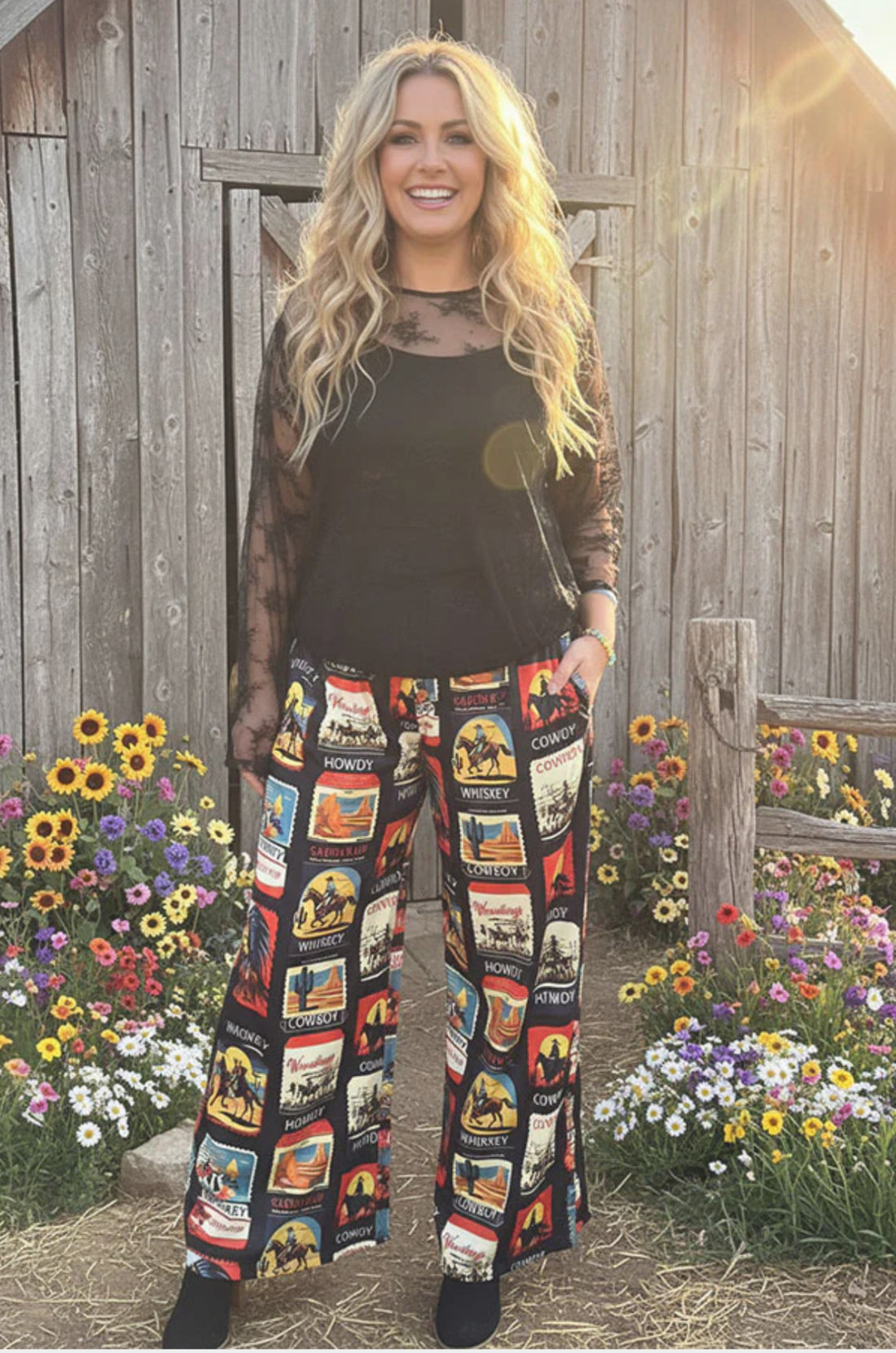 Retro Cowboy Stamp Wide Leg Pants