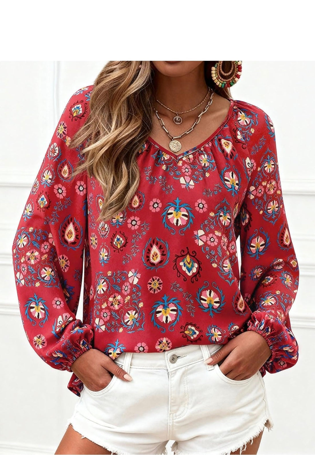 Zenloner V-Neck Satin Floral Fall Top